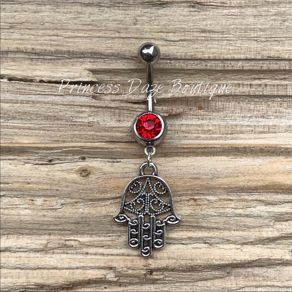 Red Gem Hamsa Belly Button Ring